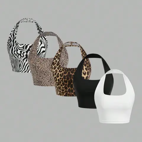 Women's Plain & Zebra Stripe & Leopard Print Halter Neck Crop Top, Casual Boho Sleeveless Top for Daily Wear, Ladies Clothes for All Seasons, Halter Top, Backless Tops, Casual Sleeveless Cropped Halter Neckline