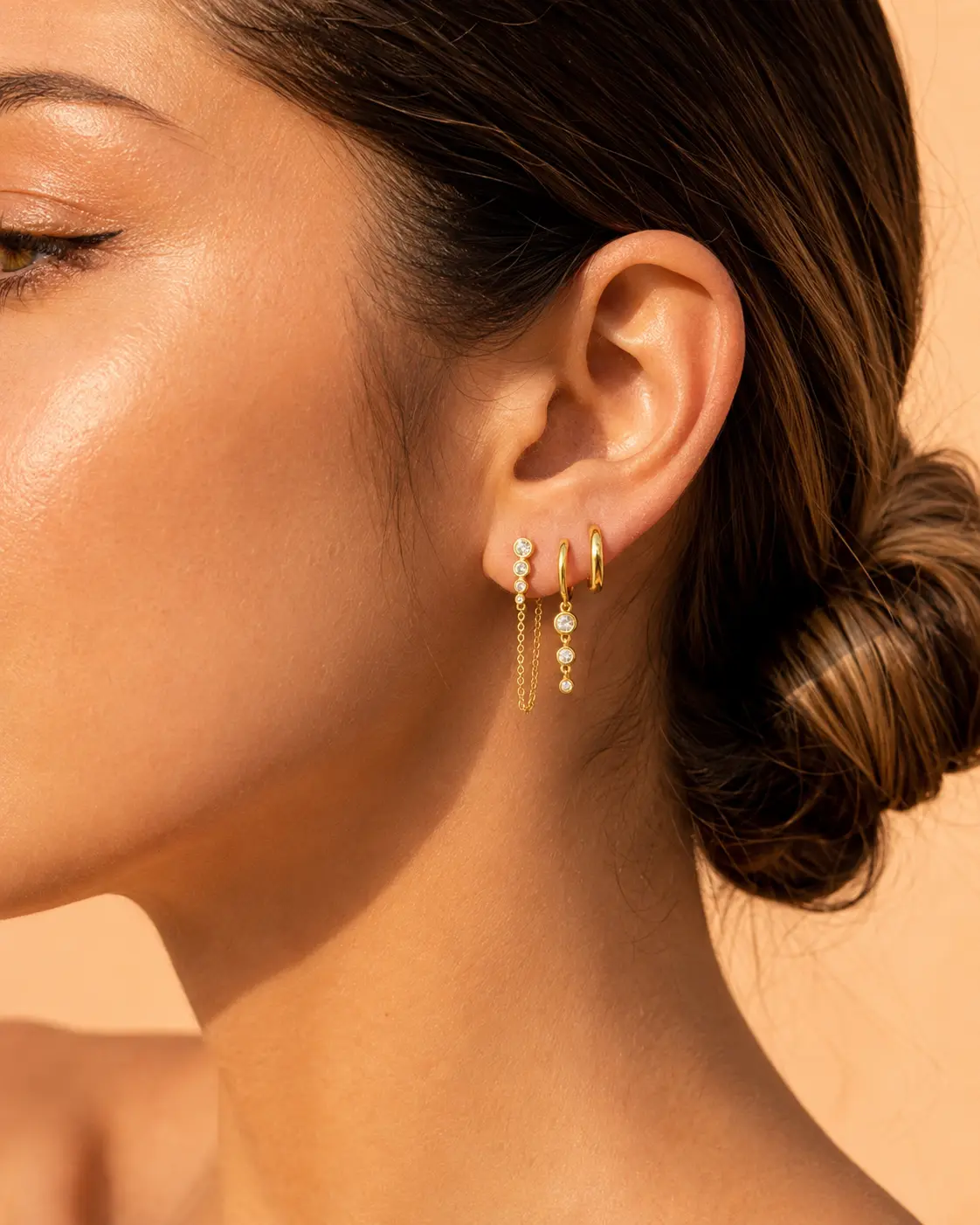 LOYALOVE 3 Pairs 14K Gold Plated Earring Set for Women, Cubic Zirconia Huggie Hoop & Chain Drop Stud Earrings, Dainty Ear Stack Jewelry, Trendy Minimalist Gift