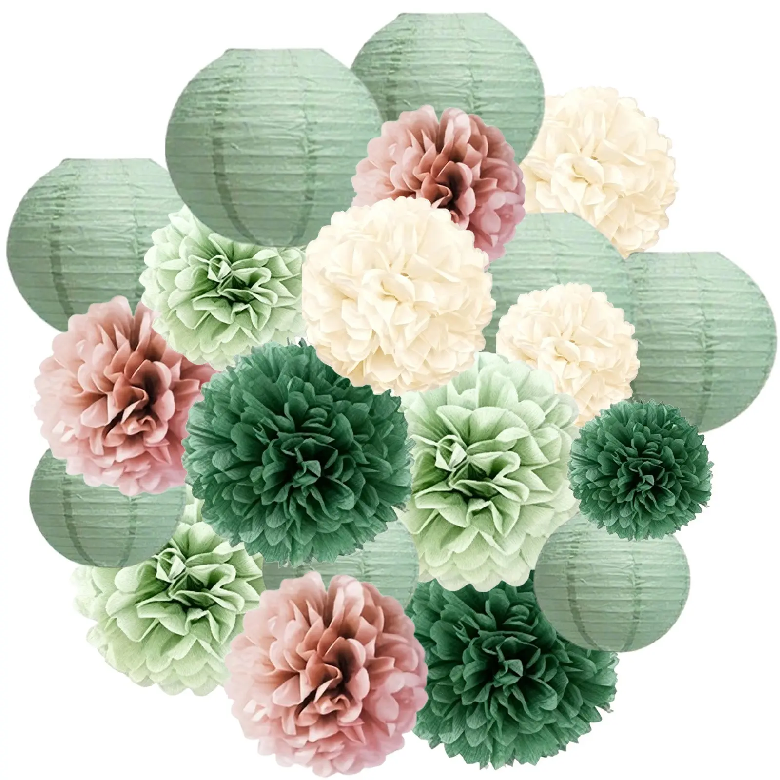 20PCS Sage Green Dusty Pink Tissue Paper Pom Poms Paper Lanterns Set, Boho Party Decorations, Fiesta Decorations, Decorative Flowers Ornaments for Wedding Birthday Bridal Shower Baby Shower, Hanging Bohemian Party Supplies, Rustic Pastel Party Decor Kit