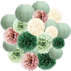 20PCS Sage Green Dusty Pink Tissue Paper Pom Poms Paper Lanterns Set | Boho Party Decorations for Wedding Birthday Bridal Shower Baby Shower | Hanging Bohemian Party Supplies | Rustic Pastel Party Decor Kit