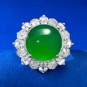 S925 Silver Luxury Set with High Ice Green Jadeite Charm, Large Egg Face 12mm Agate Ring，