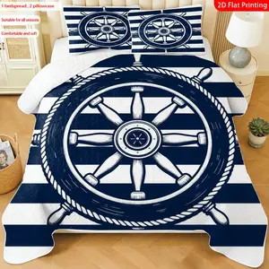 3 pcs, 2D flat print Nautical Ship Wheel bed cover set, Nautical theme, Naval theme, multiple sizes available, bedding set, festive decorative bedding, ideal for bedroom decor(1 bedspread , 2 pillowcases)