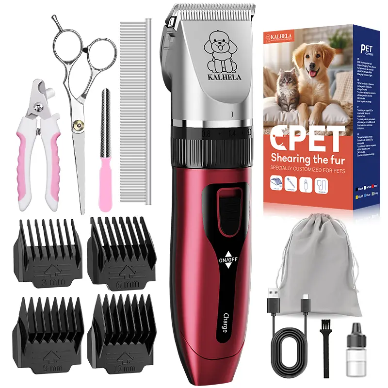 Cordless Rechargeable Low-Noise Electric Dog Grooming Kit Clippers, Grooming Products for Thick Pet Hair, Suitable for Dogs and Cats (Red)