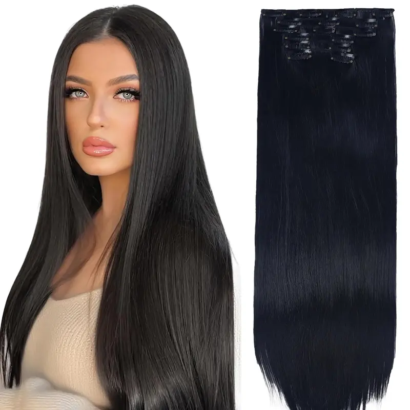 Black Clip in Hair Extensions 6PCS Straight Invisible 24inch Long Synthetic Thick Clips on Hairpieces for Women Girls Natural Full Head Party Daily Use 6OZ