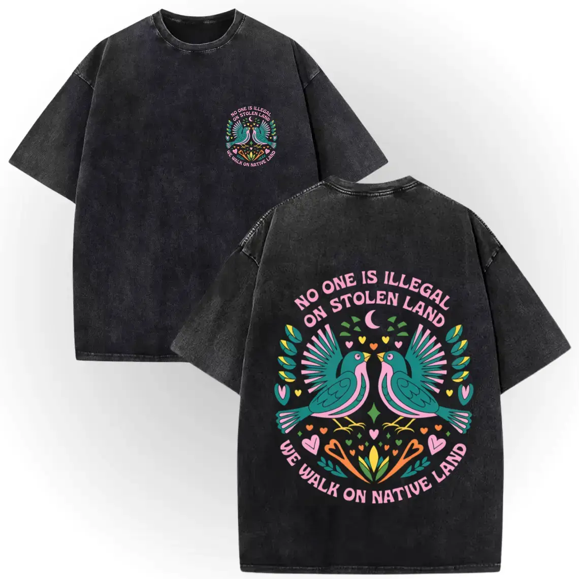 Men's 100% Cotton Double-Sided Short-Sleeve T-Shirt - Human Rights Advocacy Design with "No One Is Illegal On Stolen Land" and "Chinga-La-Migra" Messages