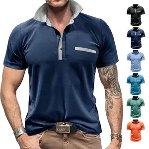 Men's Casual Polo Shirt Short Sleeve - 100% Polyester Contrast Collar & Chest Pocket, Classic Button Placket Tee for Daily Wear, Golf, Business Casual - 6 Colors (Black/Navy Blue/Mist Blue/Lake Green/Light Blue/Orange) M-3XL
