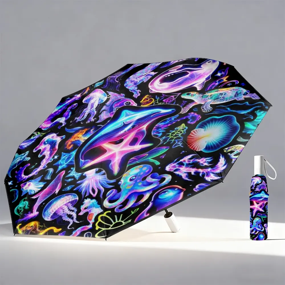 1-piece ocean-inspired dolphin and jellyfish design portable umbrella: essential foldable umbrella with durable steel frame construction, perfect for home, travel, and outdoor use – multifunctional, high-quality, free