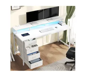47-Inch Computer Desk with Power Outlets and LED Lights, Gaming Desk with 4 Drawers and Monitor Stand for Small Spaces, White