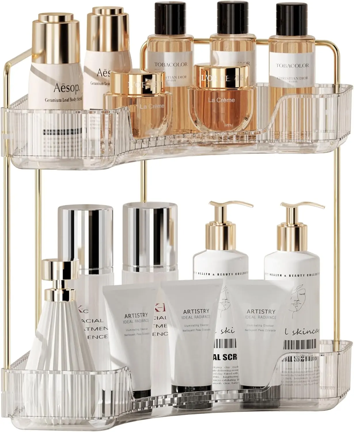 Corner Counter Bathroom Organizer Countertop, 2 Tiers  Perfume Tray, Vanity Organizers for Makeup, Skincare, Clear Corner Rack for Bedroom, Bathroom, Kitchen(Clear White)