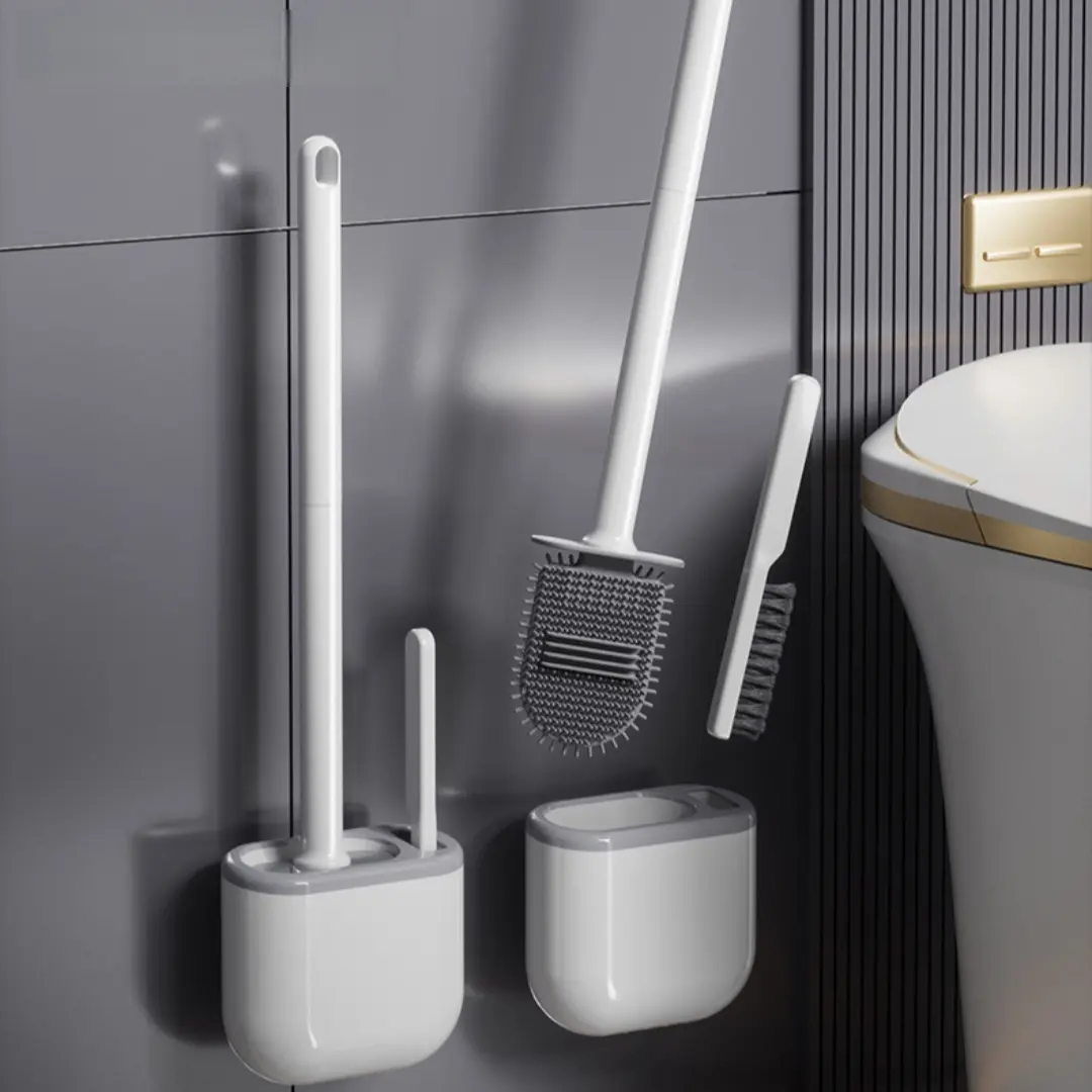 1 Set wall-mounted brush and bracket kit, Household Bathroom Silicone Toilet Brush And Holder Long-handled Cleaning Brush Multi-functional Toilet Brush No Drilling Needed Toilet Cleaning System Toilet Bowl Brush