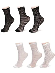 6 pairs of elegant lace-trimmed mid-calf socks, comfortable and breathable women's versatile lace socks suitable for ladies' ball and date occasions