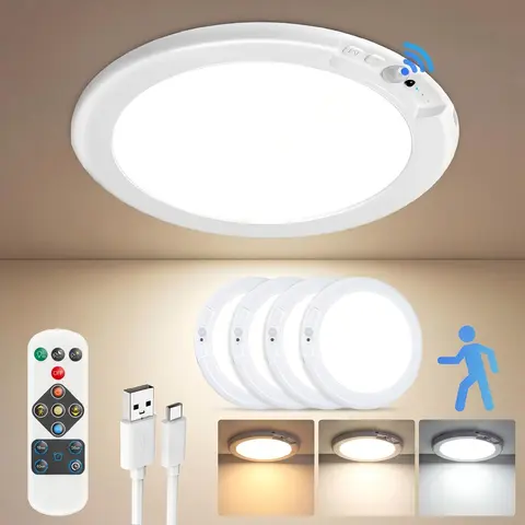 4/2-Pack Rechargeable Motion Sensor LED Ceiling Lights - Magnetic Wireless Slim Acrylic Home Goods, Dual Control Remote, Auto Shut-Off, Fast Charging Battery-Powered, Automatic Dimmable for Adult Foodie’s Closet, Stairs, LED Lights Bedroom