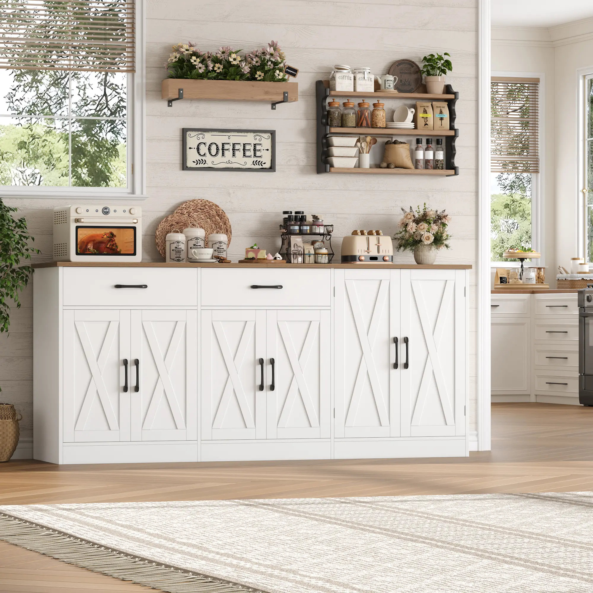 【2 Packages Shipping】HOSTACK 71" Kitchen Buffet Cabinet with Storage, Large Coffee Bar Cabinet with Power Outlet, 2 Drawers & Swing-Out Door Racks, Farmhouse Storage Cabinet for Dining Room