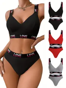 Women's Letter Print Wireless Bra & Panty Set, Push Up Bra & Panty Set, Soft Comfy Breathable Fashion Underwear Set for Women