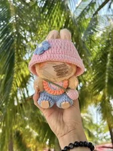 Cherry Blossom Doll Outfit clothes - 4-Piece Hand-Knit Ensemble (Hat/Bib/Pants/Bag)