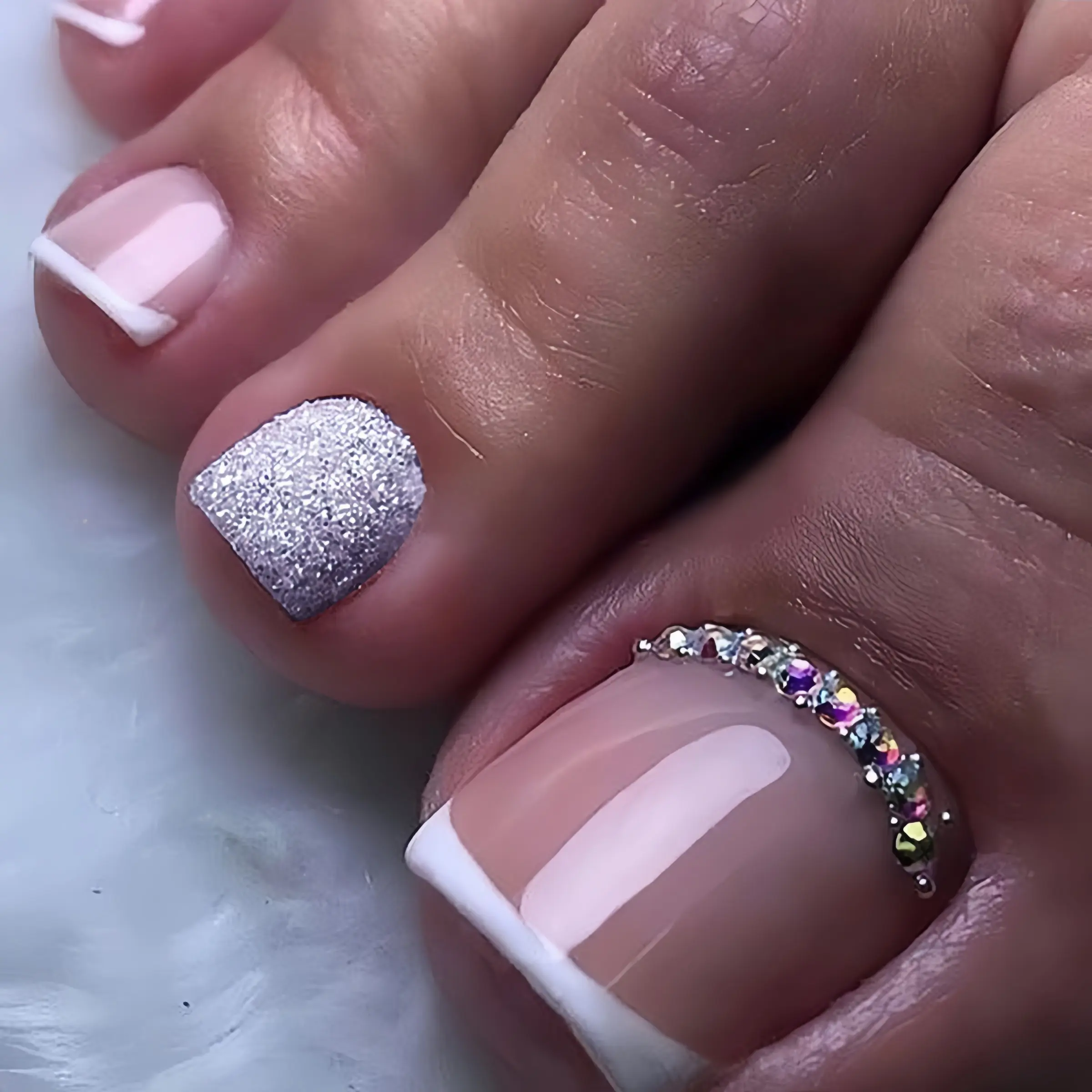 Simple French Style Wearable Toe Nails, Glittering Rhinestones and Sparkles, Factory Made Toe Nail Stickers, Model Tk-24