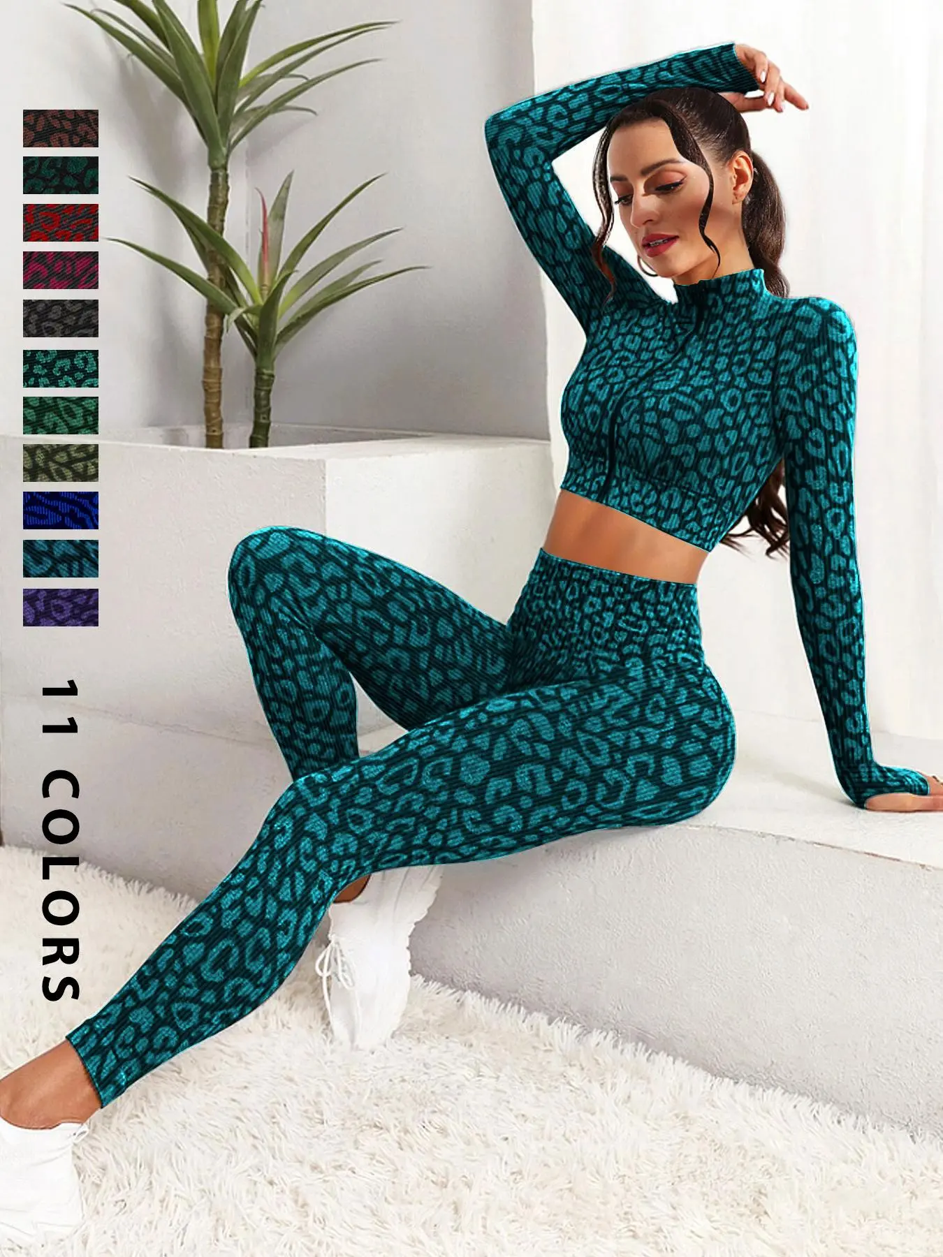 Women's Leopard Print Zip Up Crop Top & High Waist Leggings Tracksuit Set, Athletic Activewear Tracksuits, Sporty Casual Comfy Outfits for Yoga Gym, Women Tracksuits for Spring & Fall, Yoga Clothes Set, Sports Activewear Set