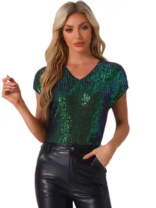INSPIRE CHIC Women's Short Sleeve V Neck Sparkly Metallic Sequin Top