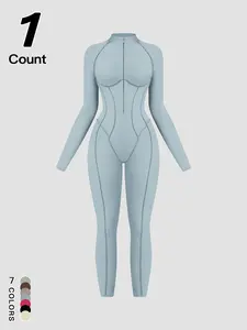 Women's Zipper Mock Neck Shapewear Jumpsuit, Slim Fit Workout Jumpsuit with High Stretch Design, Casual Sporty Clothing for Women, Sportswear Jumpsuits