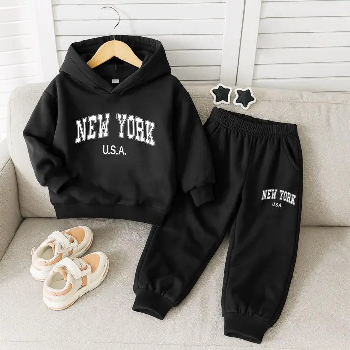 Boys' 2-Piece Tracksuit Sweat Suits, Fitted Fleece-Lined Sweatsuit Set Outfit with New York Letter Print Hooded Sweatshirt & Tapered Joggers, Sports Suit Tracksuits, Athleisure Street Fit, Hooded Tracksuit