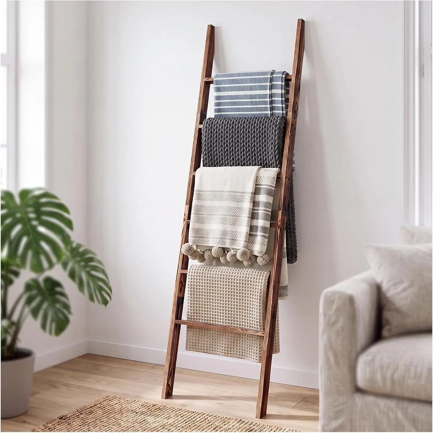 6-Tier Blanket Ladder Wooden, 5.7FT(66.5'') Blanket Quilt Towel Holder Rack Decorative Ladder, Easy Assembly, Rustic Farmhouse Ladder Shelf for The Living Room Bedroom Bathroom Home Decor, Brown