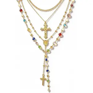 4PCS Layered Gold Cross Necklaces for Women Trendy, Bohemian Bead Pearl Y Long Pendant Necklace Set, Vintage Rosary Necklace Stack Adjustable Length