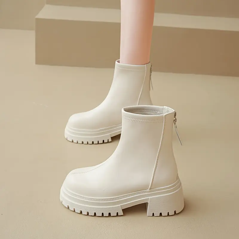 Women's Chunky Platform Boots White/Black Synthetic Cover Upper Thick Heels Back Zipper Slip-Resistant Sole Winter Shoes for Everyday & Formal Events Cold Weather Footwear Round Toe Design Flatform