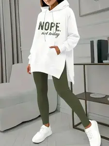 Two-Piece Set Women's Letter Print Pocket Hooded Sweatshirt & Skinny Pants, Fitted Casual Fashion Cozy Breathable Outfits for Daily Outdoor Wear, Women's Clothes for Spring & Fall, Womenswear