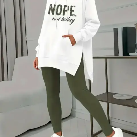 Two-Piece Set Women's Letter Print Pocket Hooded Sweatshirt & Skinny Pants, Fitted Casual Fashion Cozy Breathable Outfits for Daily Outdoor Wear, Women's Clothes for Spring & Fall, Casual Hoodie Set, Two Pieces Sets, Womenswear