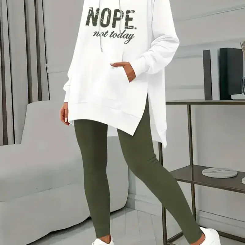 Two-Piece Set Women's Letter Print Pocket Hooded Sweatshirt & Skinny Pants, Fitted Casual Fashion Cozy Breathable Outfits for Daily Outdoor Wear, Women's Clothes for Spring & Fall, Casual Hoodie Set, Two Pieces Sets, Womenswear