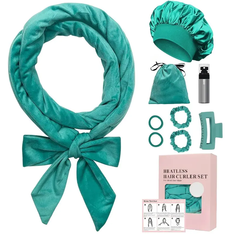 Long Hair No Heat Curler Set, 70 Inch Soft Velvet Overnight Curls, Includes Sleep Cap, Hair Ties, Clips, Spray Bottle, Storage Bag, Heatless Curling Set, Heatless Hair Curlers, Heatless Styling Tools