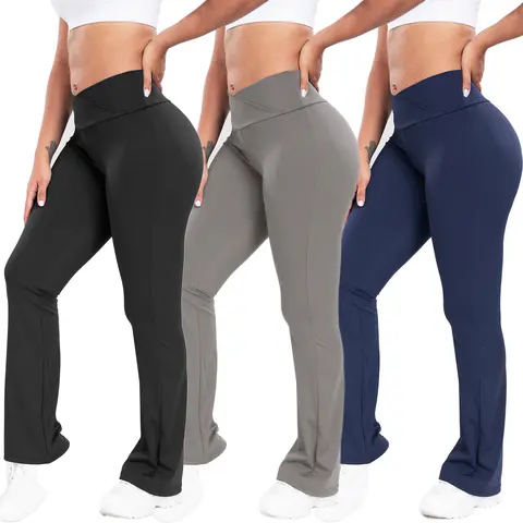 Kabuer Women's High-Waisted Plain Crossover Seamless Butt-Lift Quick-Dry Flare Leggings - Active Workout Pants for Yoga, Gym Athleisure
