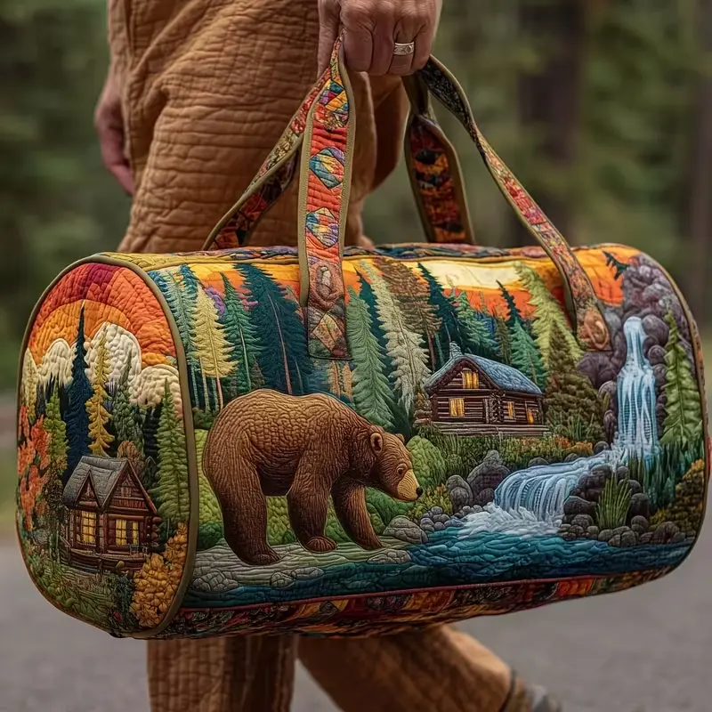 Travel Duffel Bag, Bear Forest Cabin Waterfall Print Polyester Bag, Rustic Wilderness Vintage Style, Quilted Large Capacity Overnight Weekender Bag for Camping Weekend Getaway Road Trip, 1 Piece Lightweight Hand Carry Shoulder Carry On Luggage