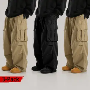 3-pack floor-length cargo pants for men, Y2K street style loose wide-leg casual long pants with large pockets and an elastic waistband; a relaxed fit suitable for men’s everyday skateboarding and hip-hop outfits—perfect for daily fashion styling and weeke