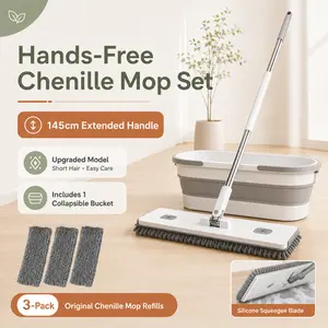 Mop and bucket set with wringer; includes 3 microfiber mop heads and a 61-inch adjustable stainless steel handle; suitable for bathroom use; efficient floor cleaning for the home.