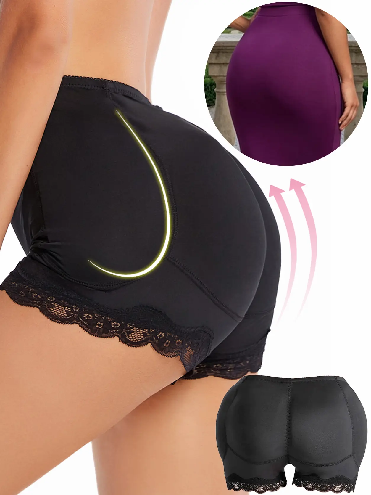 LUMIGIRL Women's Padded Shapewear Panties - Slimming Mid-Waist Hip Lifter Shorts with 4 Removable Pads, Soft Lightweight Polyester with Seamless Lace for Wedding & Party, Fabric, Shaper, Push Up