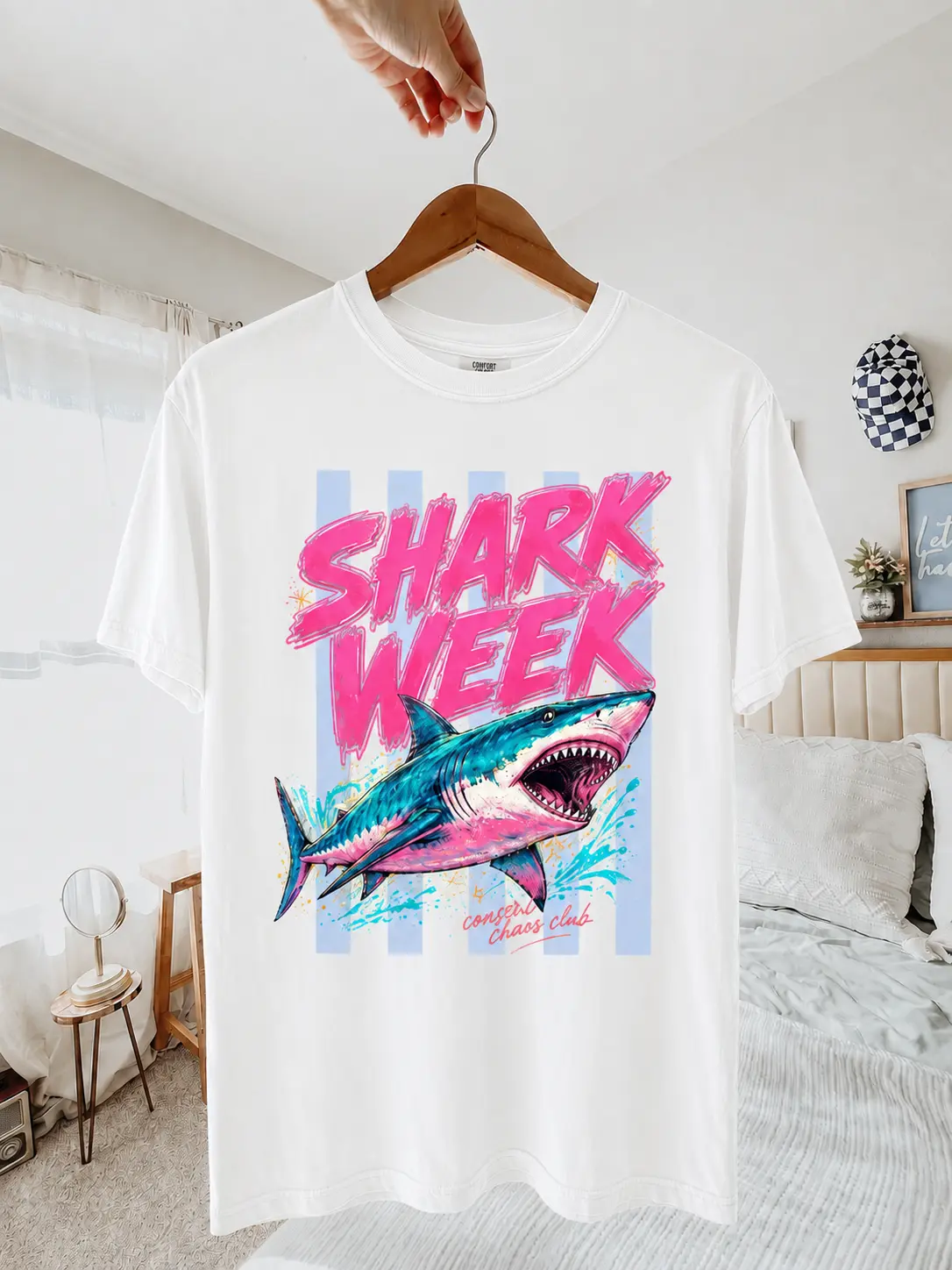 Bite Me SharkBoxy Tee, Coastal Chaos Club Shirt, Pink Shark  Beach Graphic Tee, Funny Summer Shark Shirt Women Retro