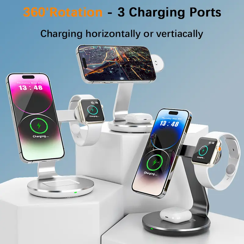 3-in-1 Magnetic Wireless Charger, 15W Fast Charging Station for iPhone, Apple Watch & AirPods, MagSafe Compatible Adjustable Stand