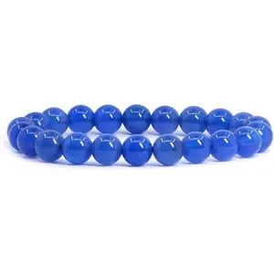 Blue Agate Gemstone 8mm Round Beads Stretch Bracelet 7 Inch Unisex