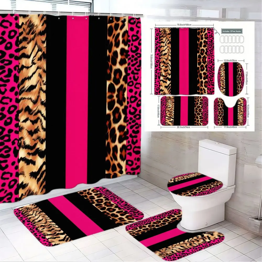 1/4pcs Leopard Print Bathroom Set, Home Goods, Bathroom Decoration Accessories, Pink Black Striped Shower Curtain Sets, Matching Bath Mats Toilet Cover, Leopard-Pink-Black Aesthetic, Perfect for Bathroom Decor, Festival Gift for Home Styling