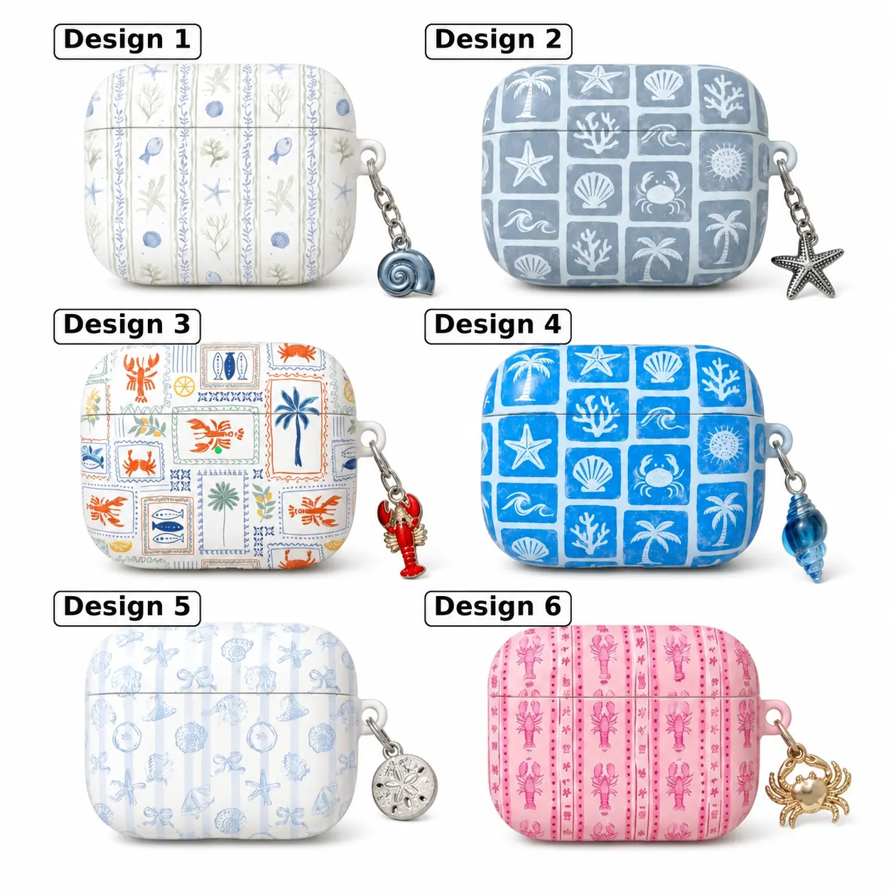 Coastal AirPods Pro Case Cover with Charm, Beach Ocean Pattern Protective Earbuds Case, Cute Seashell Lobster Starfish AirPods Case