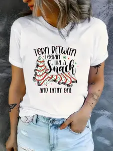 Icing Sugar Cookie & Christmas Trees Print Short Sleeve Crew Neck T-Shirt, Women's Clothing - Machine Washable, Ultra-Soft, Breathable, Moisture-Wicking, Casual Tee With Personalized Printing - Perfect For Everyday Wear