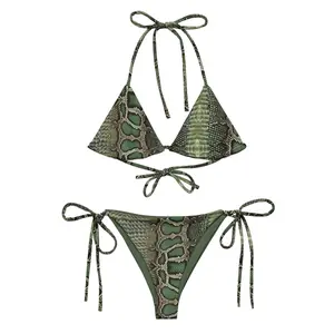 Green Snake Print Triangle Bikini – String Bikini Set, Reptile Pattern Two Piece Swimsuit, Sexy Summer Beachwear, Tropical Vacation Poolside Outfit