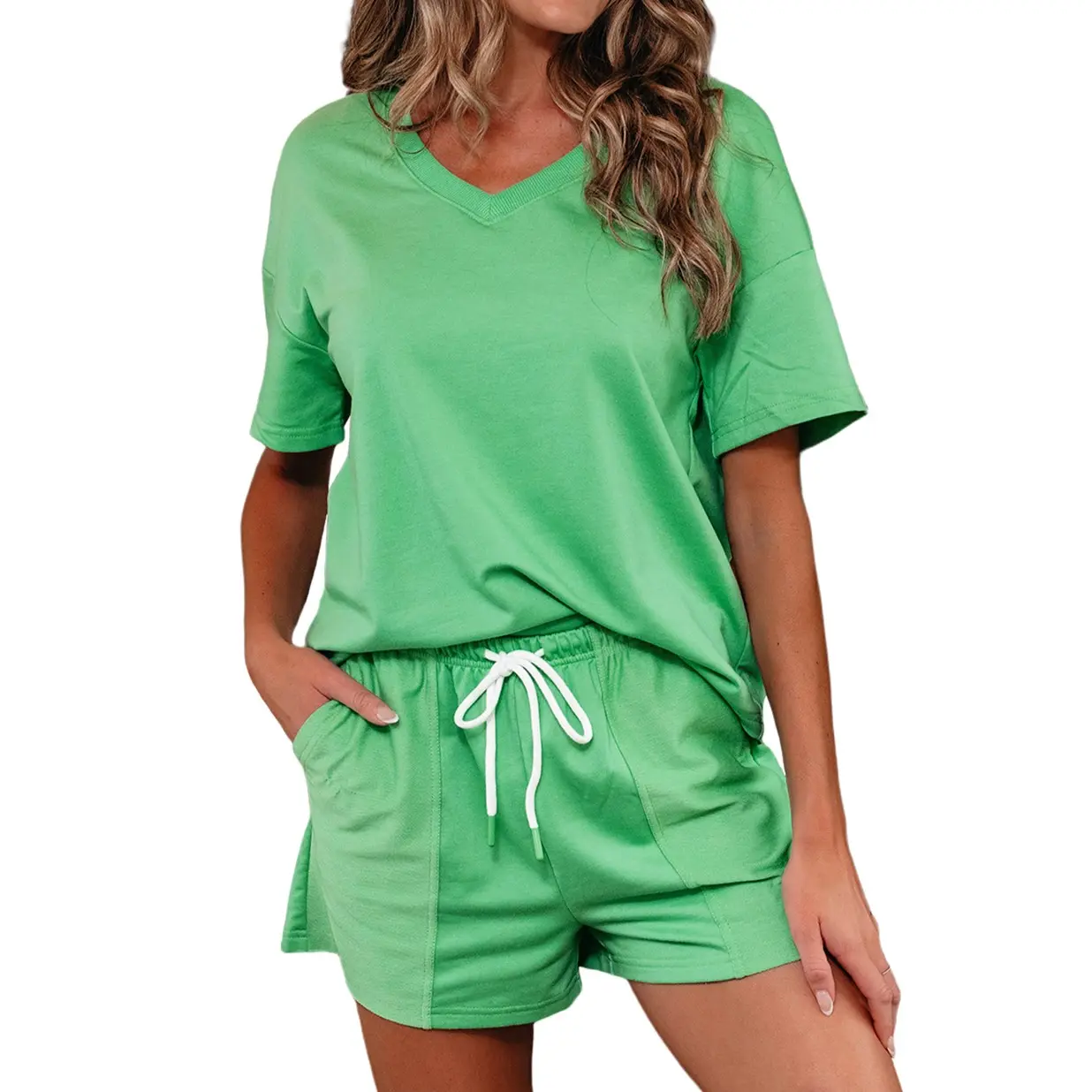 Asvivid Women Clothes V Neck Drop Shoulder Short Sleeve Top Drawstring Elastic Waist Shorts 2 Piece Casual Loungewear Set Womenswear