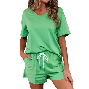 Asvivid Women's Chic Patchwork 2-Piece Casual Fit Loungewear Set - V-Neck Drop Shoulder Short Sleeve Top, Adjustable Drawstring Elastic Waist Shorts, Pull-On, Machine Washable Womenswear