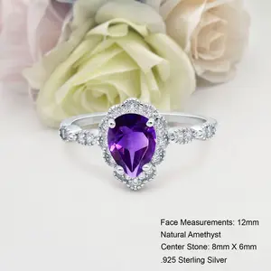 Art Deco Round Teardrop 1.25 Carat Natural Amethyst Bridal Band Women Wedding Engagement Pear Shape Ring 925 Sterling Silver 12mm