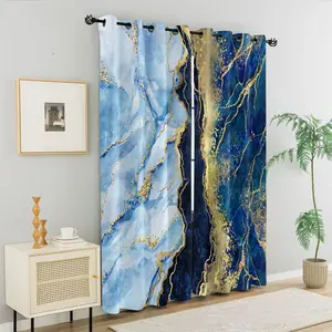 Luxury Gradient Blue Gold Marble Blackout Curtains, Modern Aesthetic Curtains for Living Room Bedroom Office Art Home Decor, Home Gift for Home Decor Lovers