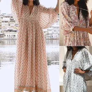 Women Long Dress, 3/4 Sleeve Dress V Neck Floral Loose Dress, Summer Casual Swing Dress, Ladies Dress for Indoor Outdoor Wear, Ladies Clothes for Daily Wear, Casual Dress