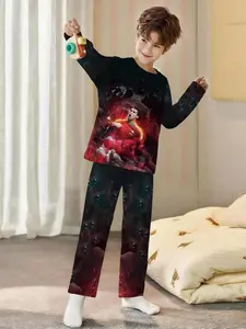 Boys' Football-Themed Sleepwear Set, Cr7 Print Long Sleeve Pajamas & Extended Pants, Casual Comfy Pajama, Fireproof Fabric, Casual Comfortable Soft Sleepwear