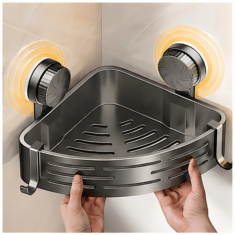 Wall-Mounted Corner Shelf with Suction Cups for Bathroom Organization and Storage